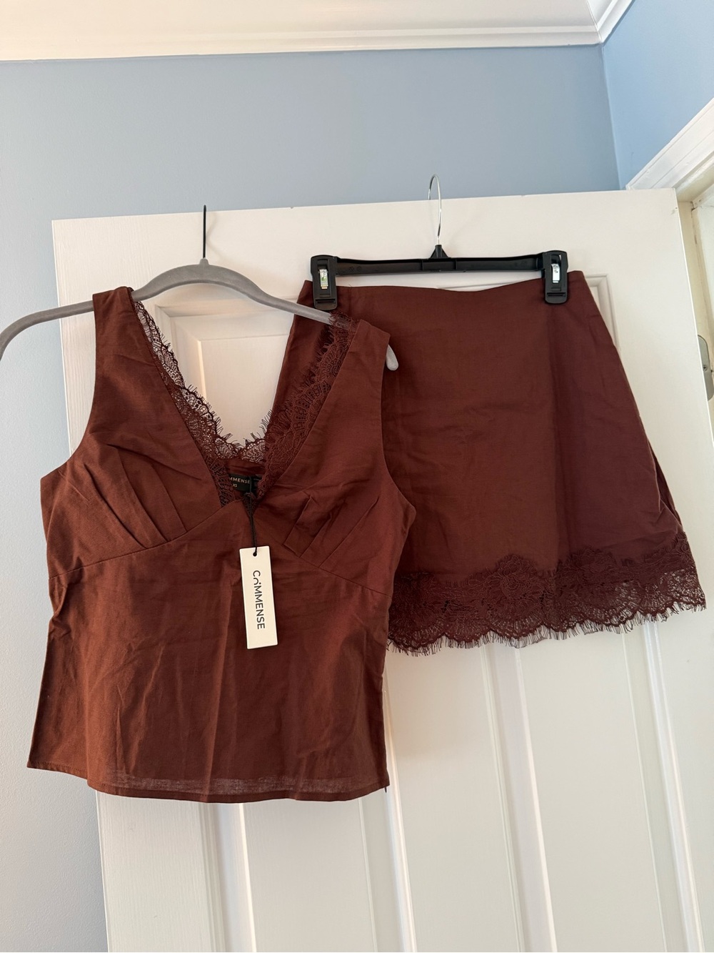 Commense Brown Lace Trim Cami and Skirt Set